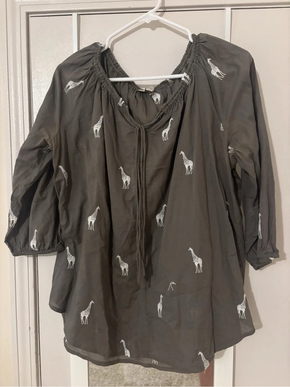 LOFT Olive Green Peasant Tunic with White Giraffe Print
